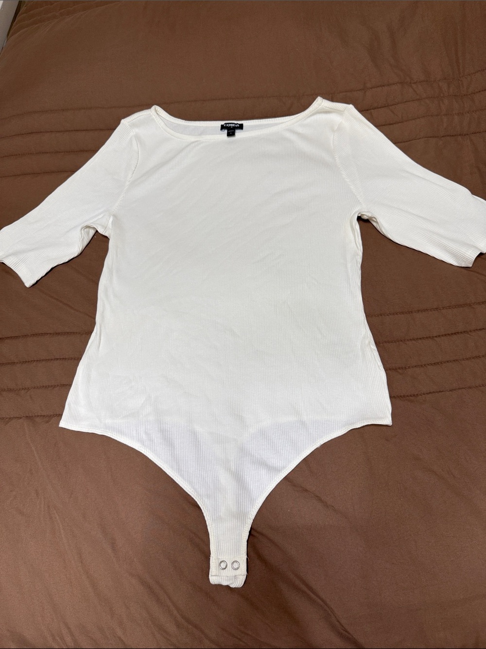 Express White Ribbed Boatneck Three-Quarter Sleeve Bodysuit